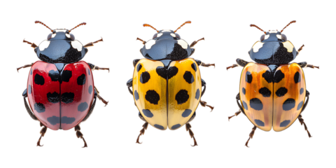 Three distinct varieties of ladybugs with red, yellow, and orange spotted shells are shown close up isolated on a transparent background for nature