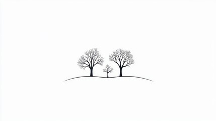 Minimalist Winter Landscape: Three Bare Trees on a Gentle Hill Against a White Sky