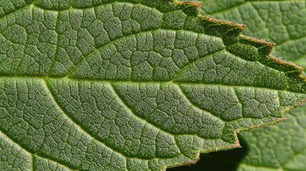 Fototapeta premium Close up of a green leaf with texture showing veins, for botany research or plant backgrounds