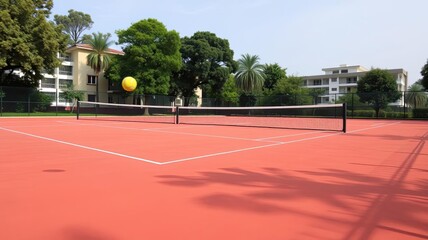 Outdoor Tennis Court Red Surface Sunny Day Green Trees