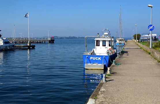 Puck, Kashubia, Pomeranian Voivodeship, Pomerania, Poland, Europe : boats in port, in front with 'Puck' writing, Bay of Puck, Zatoka Pucka, Baltic Sea
