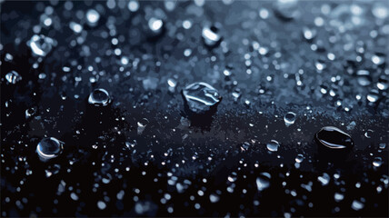 Close-up macro photograph of numerous water droplets of varying sizes on a dark, possibly metallic, surface. The droplets exhibit high reflectivity and surface tension. The background is