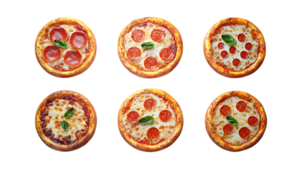 Six different types of baked whole pizzas featuring pepperoni and basil toppings are presented together on a clean transparent background for menus.