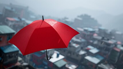 A giant umbrella covering a city, symbolizing epidemic protection. Strong focus and precise detail.