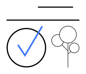Blue checkmark within circle, simple linear tree shape, and horizontal lines. Ideal for themes thumbs up approval, success, validation, minimalism, environment organization clarity. Flat simple