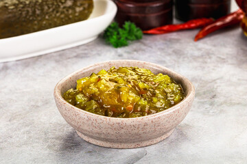 Souce gherkin relish with marinated cucumbers