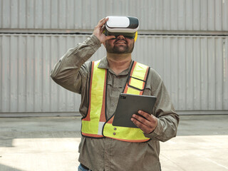 A construction worker wearing a virtual reality headset and hold digital tablet