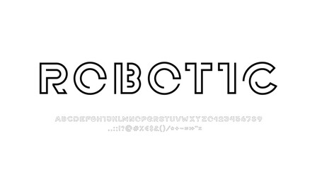 Technology font, digital cyber alphabet made future space style, letters A, B, C, D, E, F, G, H, I, J, K, L, M, N, O, P, Q, R, S, T, U, V, W, X, Y, Z and numerals 0 to 9 made line