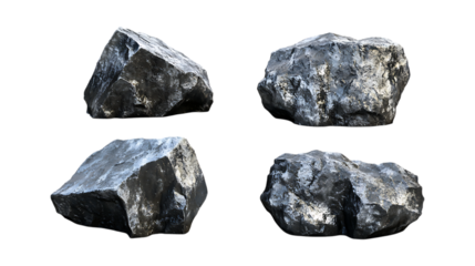 Four rough, dark mineral rocks are arranged for geological study or industrial material representation isolated on a transparent background.