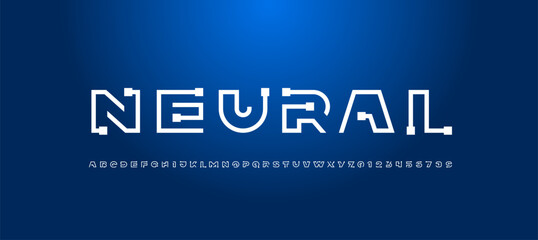 Font digital cyber alphabet, trendy white letters A, B, C, D, E, F, G, H, I, J, K, L, M, N, O, P, Q, R, S, T, U, V, W, X, Y, Z and numerals 0, 1, 2, 3, 4, 5, 6, 7, 8, 9