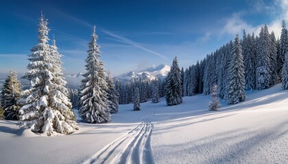 Fototapeta premium winter calm mountain landscape with rime and snow covered spruce trees and alpine skiing tracks cuttings in a forest