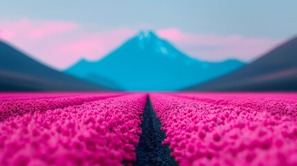 Pink Flower Field Leading to Blue Mountain