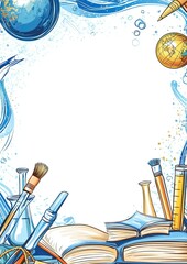 A blue and white background with school supplies, a globe, a book, paintbrushes, a pencil
