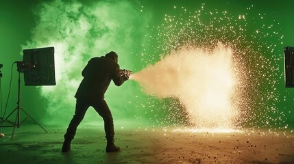 Scifi laser battle filmed on green screen, special effects team enhancing energy blasts