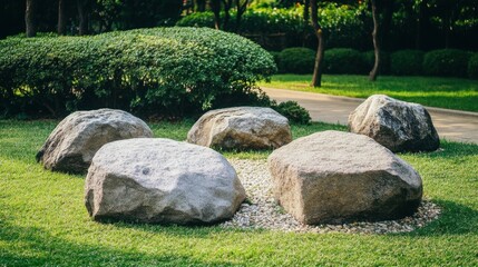 Natural Garden Stones Surrounded by Green Grass and Plants