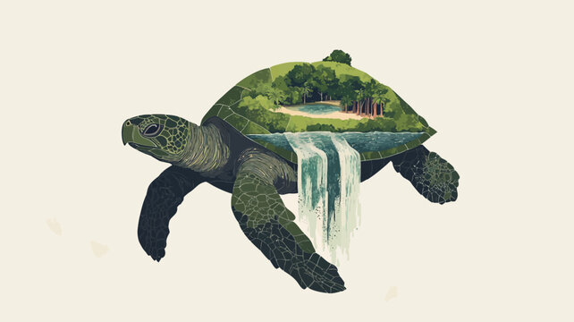 Digital illustration depicting a large sea turtle carrying a miniature island on its shell. The island features lush vegetation, a small waterfall, and a tiny beach. The style is realistic yet