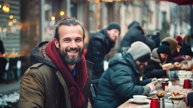A positive homeless man sits at a table in a noisy homeless shelter cafeteria, surrounded by other people. Christmas concept.