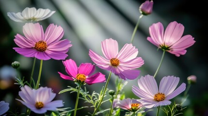 Cosmos Flowers in Sunlight: A Delicate Display of Pink and White Petals