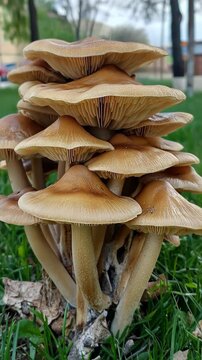 Cluster of brown mushrooms growing on the grass in a park on a cloudy day