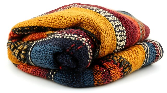 The textile is folded. It is multicolored. It appears to be knitted.