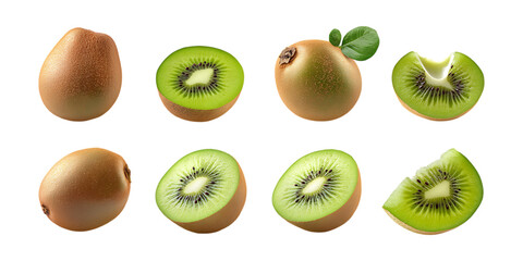 Fototapeta premium A collection of whole and sliced fresh green kiwi fruits are arranged neatly for healthy food advertising or dietary content marketing.