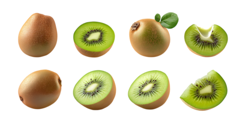 A collection of whole and sliced fresh green kiwi fruits are arranged neatly for healthy food advertising or dietary content marketing.