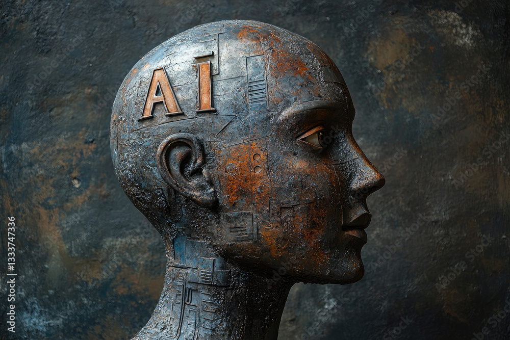 Poster cybernetic ai humanoid robot with futuristic mechanical face,artificial intelligence interface. conc
