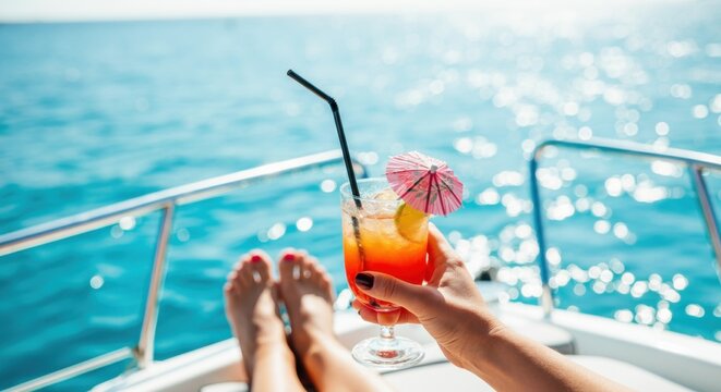 Relaxing yacht scene with refreshing cocktail and sunny ocean view