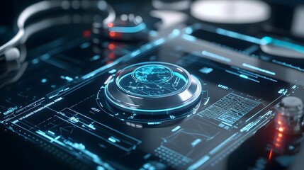 Futuristic Digital Interface with Glowing Blue and Red Elements