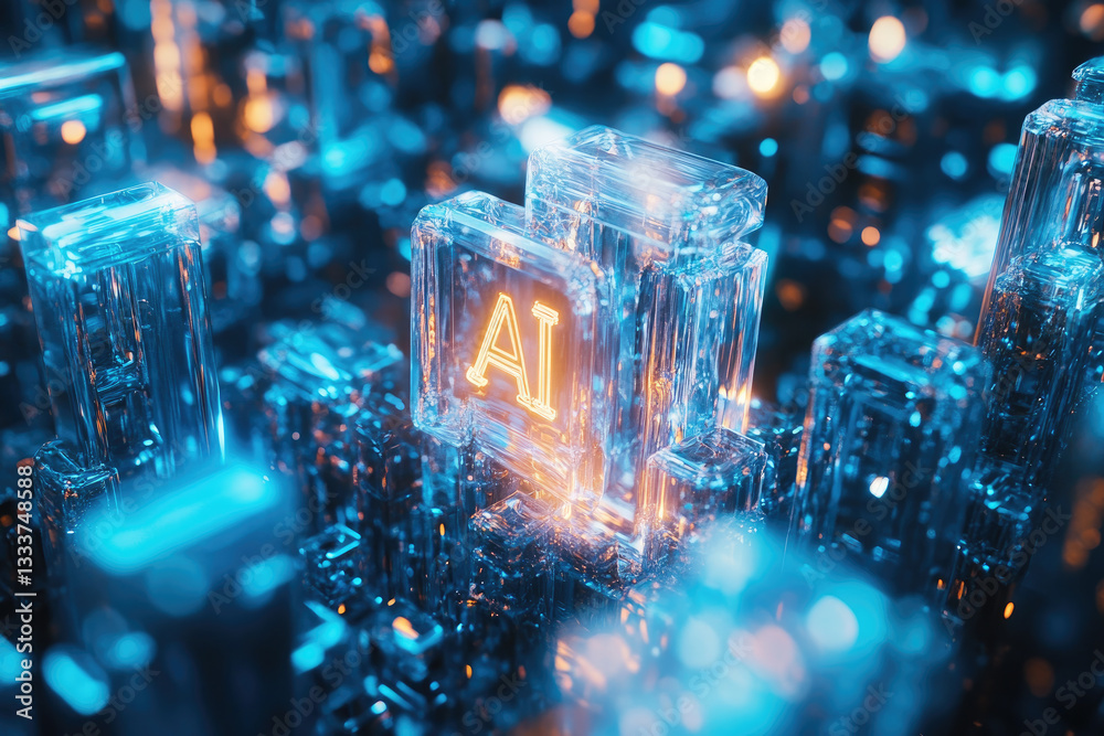 Poster futuristic ai data processing unit made of transparent glass blocks with glowing inscriptions, symbo