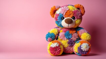 Teddy bear made in colorful flowers isolated on pastel background