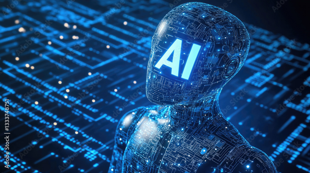 Poster futuristic ai humanoid with a glowing digital head, composed of circuits data patterns,standing in a
