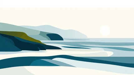 Serene Coastal Landscape: Abstract Minimalist Ocean and Mountain View at Sunrise