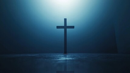 Naklejka premium Serene Easter background with soft bokeh and a glowing cross at the center, perfect for religious websites, church invitations, or spiritual event announcements. 