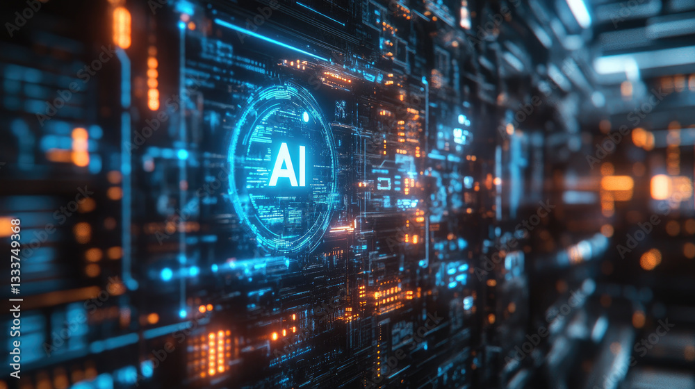 Poster futuristic ai interface with glowing cyber elements, symbolizing artificial intelligence, deep learn