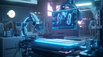 Fototapeta premium Futuristic Operating Room with Robotic Arm and Glowing Blue Accents