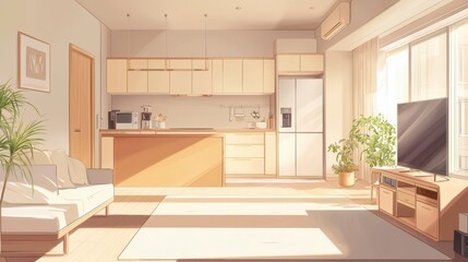 Bright and Modern Kitchen Living Space with Natural Light and Minimalism