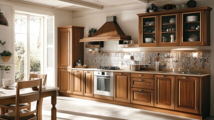 Fototapeta premium Warm and Inviting Kitchen Interior with Wooden Cabinets and Natural Light