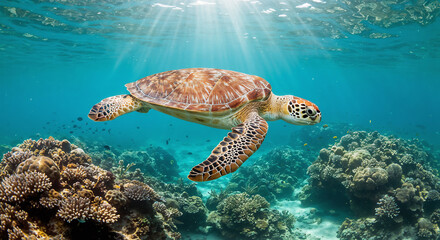 Obraz premium Graceful Sea Turtle Swimming Through Vibrant Coral Reef