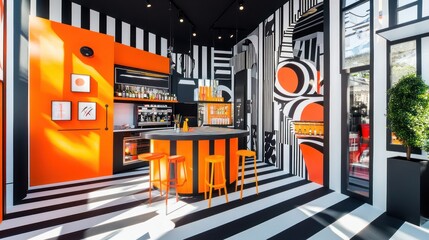 Orange bar interior, stylish black white stripes, city view, modern design, advertising