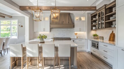 Modern Bright Kitchen with Island and Elegant Lighting Fixtures