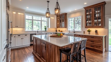 Fototapeta premium Modern Kitchen Design with Elegant Wood Cabins and Bright Light