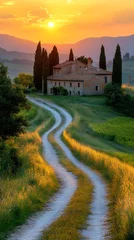 Fototapete Rund Winding dirt road leading to farmhouse in tuscany at sunset © creative
