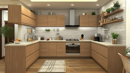 Fototapeta premium Modern Kitchen Design with Wooden Cabinets and Stylish Accessories