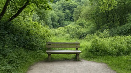 Fototapeta premium Wooden Bench in a Lush Green Forest Clearing