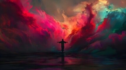An abstract background featuring the silhouette of Jesus with arms outstretched, glowing golden light radiating from the figure, flowing lines and shapes blending into a surreal pastel-colored sky.