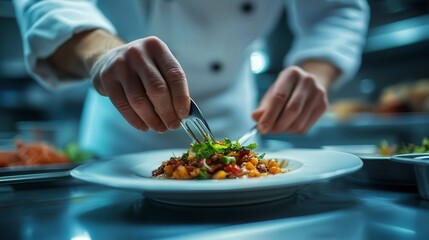 close up of chef making delicious food in the kitchen
