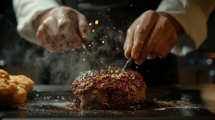 close up of chef making delicious food in the kitchen