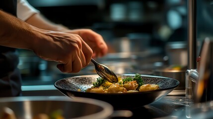 close up of chef making delicious food in the kitchen