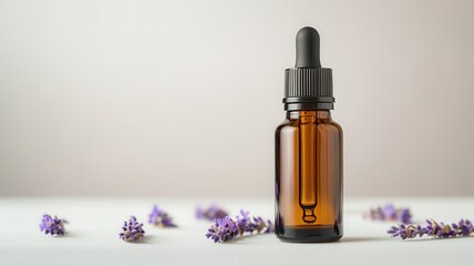 A glass dropper bottle filled with essential oil, surrounded by dried lavender flowers on a light background.